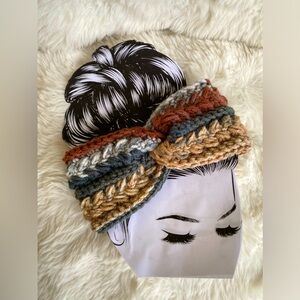 Hand-made, crocheted earwarmer twisted headband in neutral tones